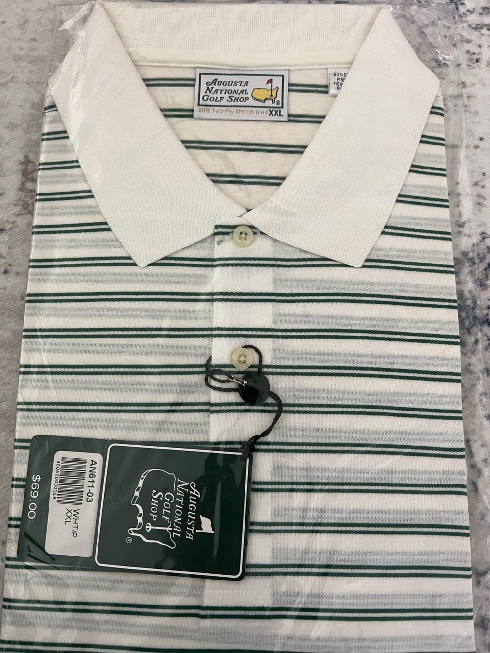 Augusta National White & Green Striped Polo Shirt